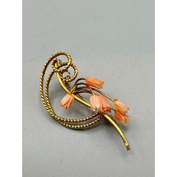 Vintage Floral Carved Coral Flowers Gold Tone Pin Brooch Small Pink Roses - Picture 3 of 6